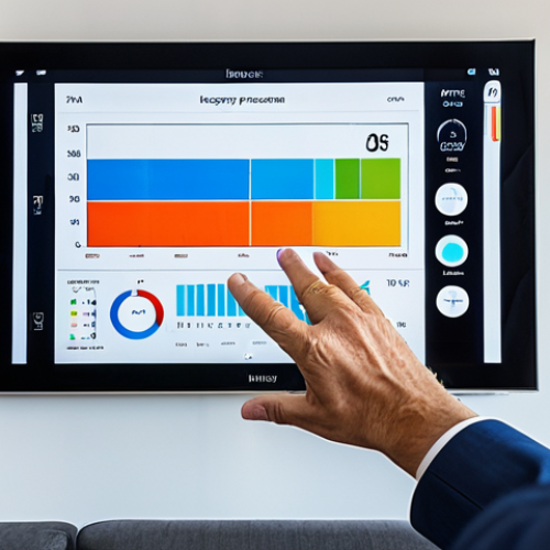 A professional adult, fully clothed in modest, comfortable attire, naturally interacting with a sleek, futuristic HEMS (Home Energy Management System) interface on a large touch screen in a bright, modern living room. The screen displays vibrant real-time energy consumption graphs and smart device controls. The setting is clean and inviting. Perfect anatomy, correct proportions, natural pose, well-formed hands, proper finger count. High-resolution, professional photography, realistic, appropriate content, safe for work, fully clothed, family-friendly.