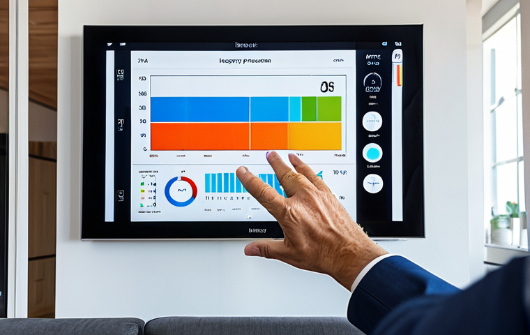 A professional adult, fully clothed in modest, comfortable attire, naturally interacting with a sleek, futuristic HEMS (Home Energy Management System) interface on a large touch screen in a bright, modern living room. The screen displays vibrant real-time energy consumption graphs and smart device controls. The setting is clean and inviting. Perfect anatomy, correct proportions, natural pose, well-formed hands, proper finger count. High-resolution, professional photography, realistic, appropriate content, safe for work, fully clothed, family-friendly.