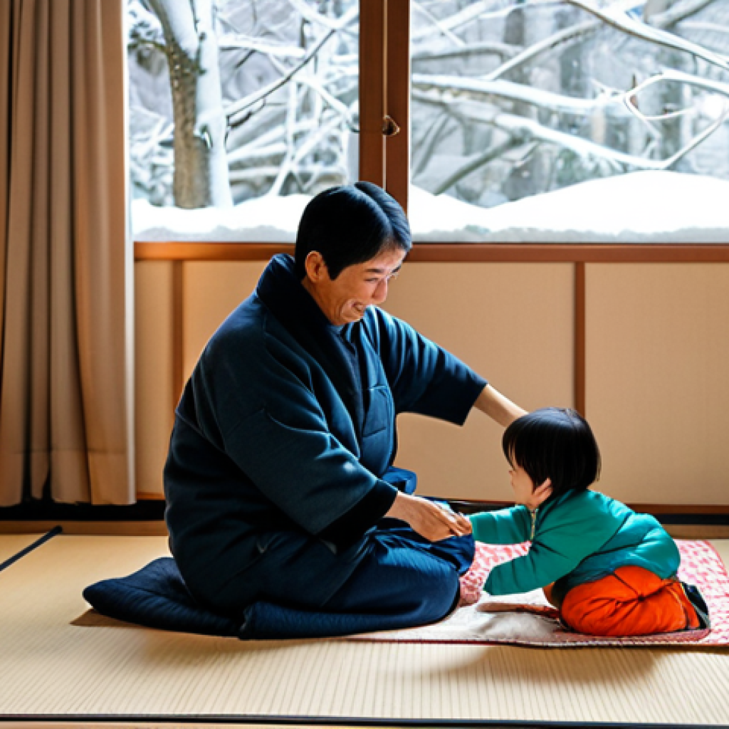에너지 절약 프로젝트 성공 사례 - Cozy Winter Scene**
A brightly lit, warm Japanese living room in winter, featuring a family (mother...