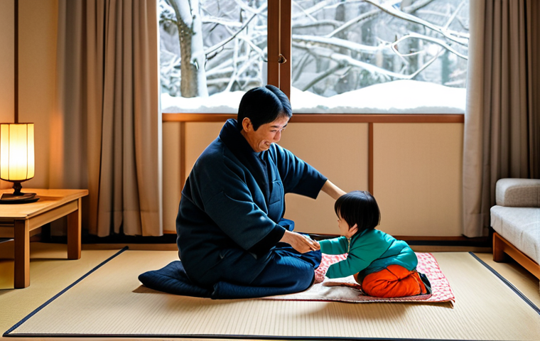 에너지 절약 프로젝트 성공 사례 - Cozy Winter Scene**

A brightly lit, warm Japanese living room in winter, featuring a family (mother...