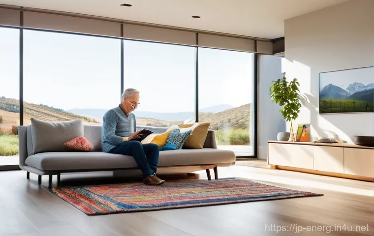 에너지 절약과 효율화의 사회적 효과 - **Prompt:** A cozy, bright, and modern living room filled with soft, natural light streaming through...