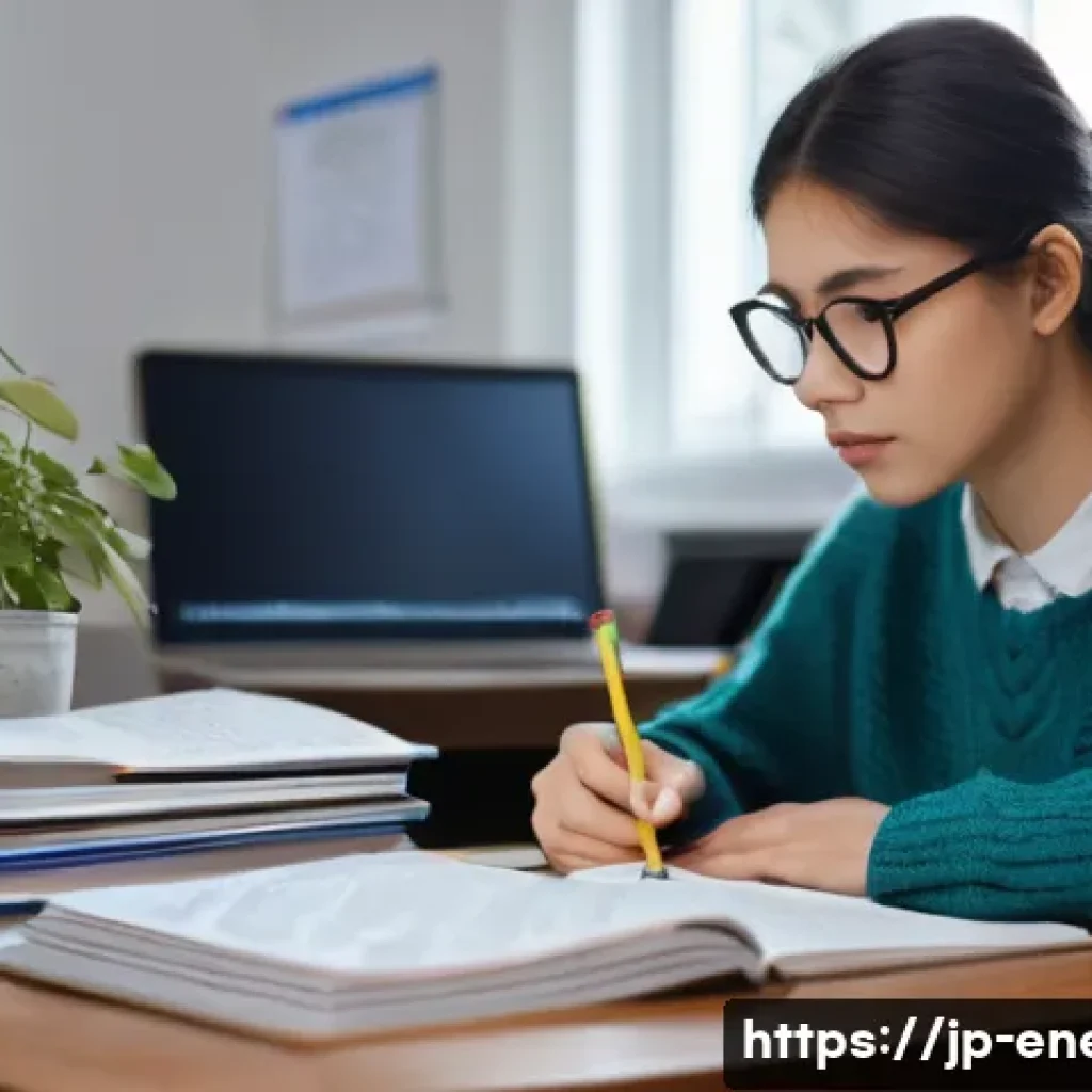 에너지관리 필기시험 난이도 분석 - **Prompt 1: "A studious young woman in her early twenties, seated at a neat wooden desk in a well-li...