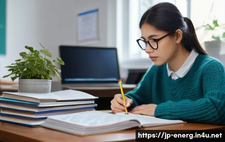 에너지관리 필기시험 난이도 분석 - **Prompt 1: "A studious young woman in her early twenties, seated at a neat wooden desk in a well-li...