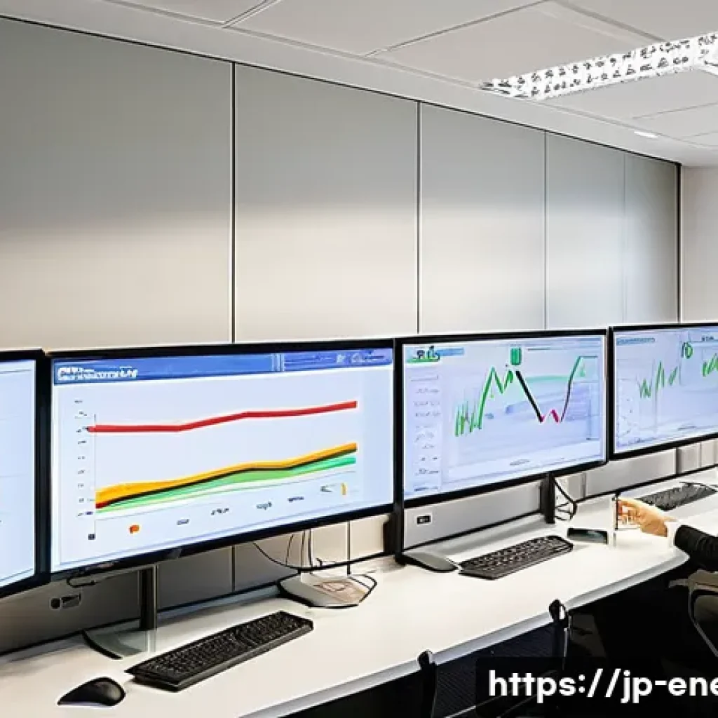 에너지관리 실무 중점 체크리스트 - **Prompt:** A vibrant, modern Japanese office interior during peak working hours. Diverse employees,...