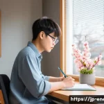 에너지관리 자격증 시험 필수 팁 - A modern Japanese study room scene featuring a young adult student wearing casual clothes and glasse...