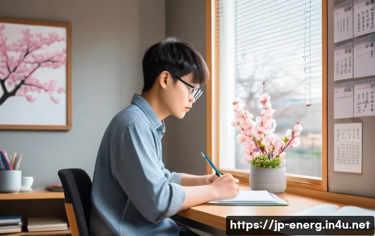 에너지관리 자격증 시험 필수 팁 - A modern Japanese study room scene featuring a young adult student wearing casual clothes and glasse...