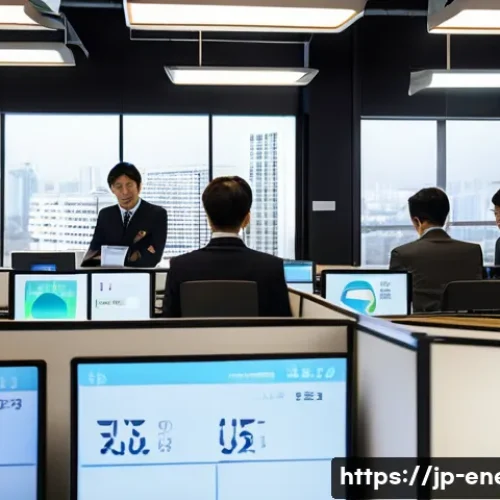 에너지관리와 관련된 국제 인증 - A modern Japanese office workspace focused on energy efficiency, showing employees actively engaging...