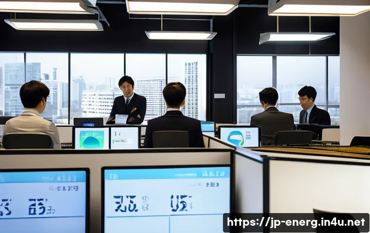 에너지관리와 관련된 국제 인증 - A modern Japanese office workspace focused on energy efficiency, showing employees actively engaging...