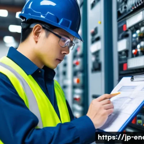 에너지관리 실기시험 합격 노하우 - A professional energy management training scene inside a modern industrial facility in Japan, featur...